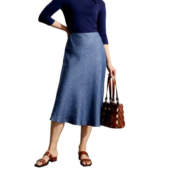 Jaeger Women's US4 UK8 Chambray Blue Pure Linen Midi Skater Skirt Side-Zip NWT - Picture 2 of 10